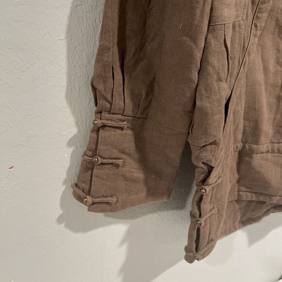 Unique Tan Linen Jacket Coat Asymetric Frog Closure Lagenlook Vintage M/L - Picture 4 of 12
